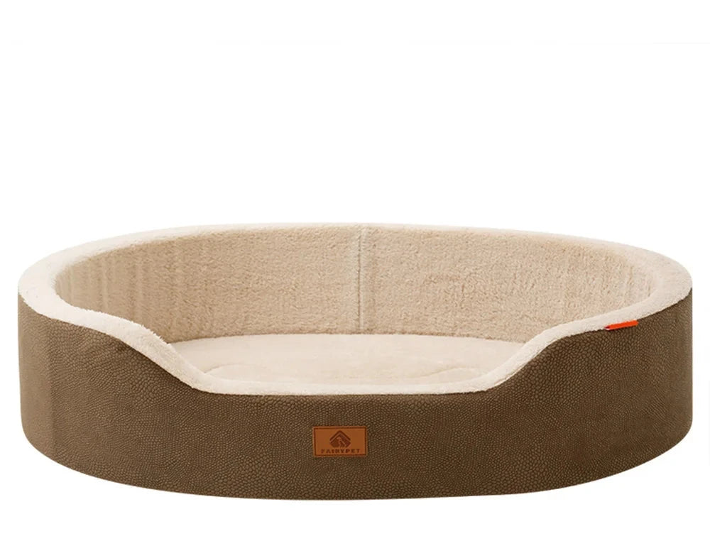 Oval basket dog bed in brown, an olive-brown pebble-textured shell with a cream plush lining