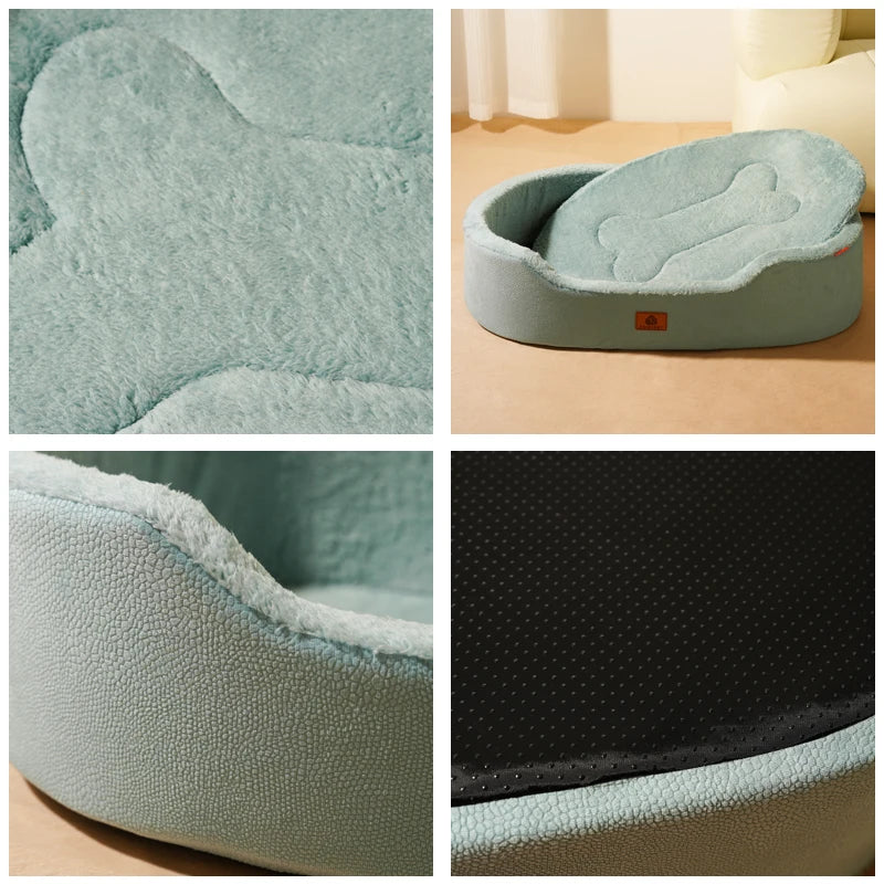Four close-ups of the lake blue oval bed: the plush cushion with a bone shape, the textured side and the dotted non-slip base