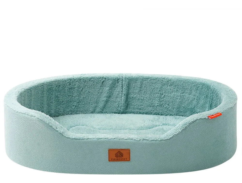 Oval basket dog bed in lake blue, a soft mint-blue with a pebble-textured shell and a plush lining