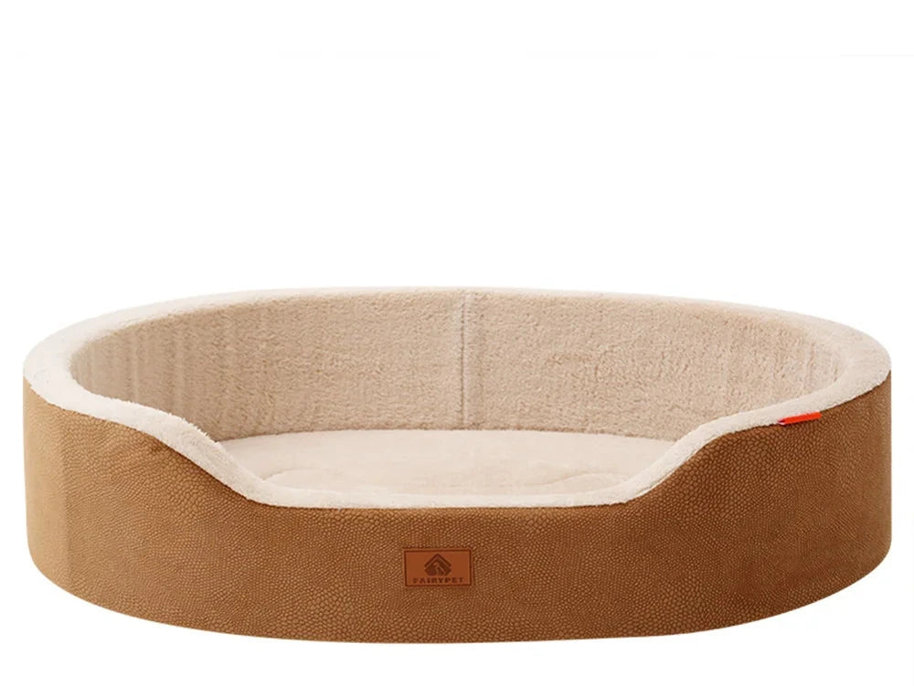 Oval basket dog bed in yellow brown, a tan pebble-textured shell with a cream plush lining