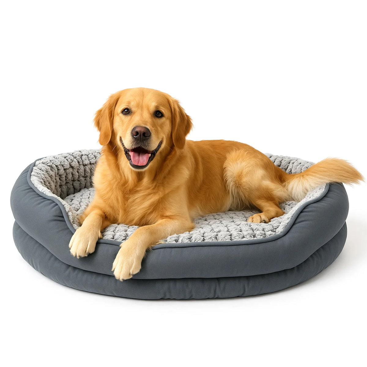 Golden retriever lying in a grey oval donut bed with a textured plush lining, paws over the rim