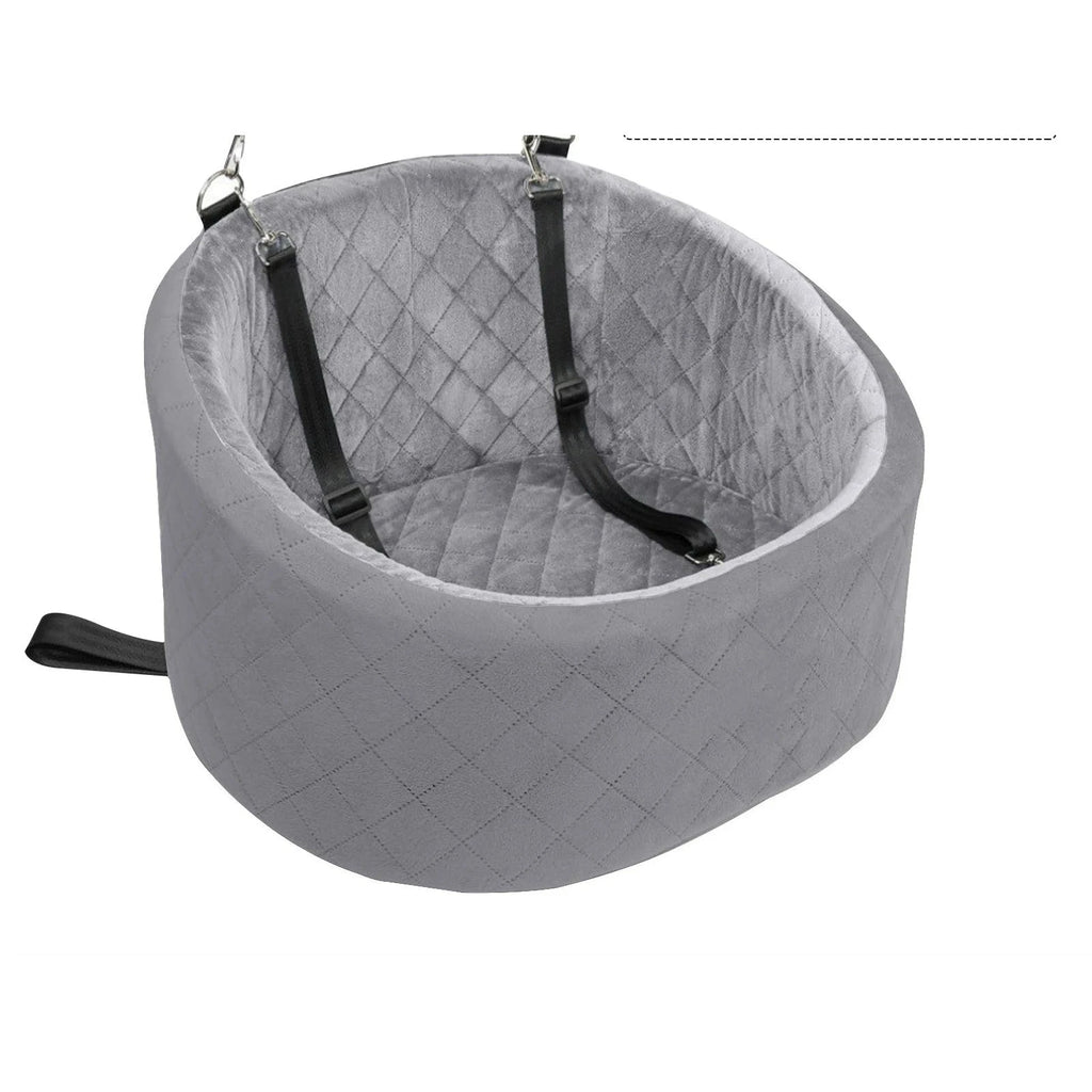 Oval travel dog bed in grey diamond-quilted velvet, with two black straps and clips to fix it to a car seat
