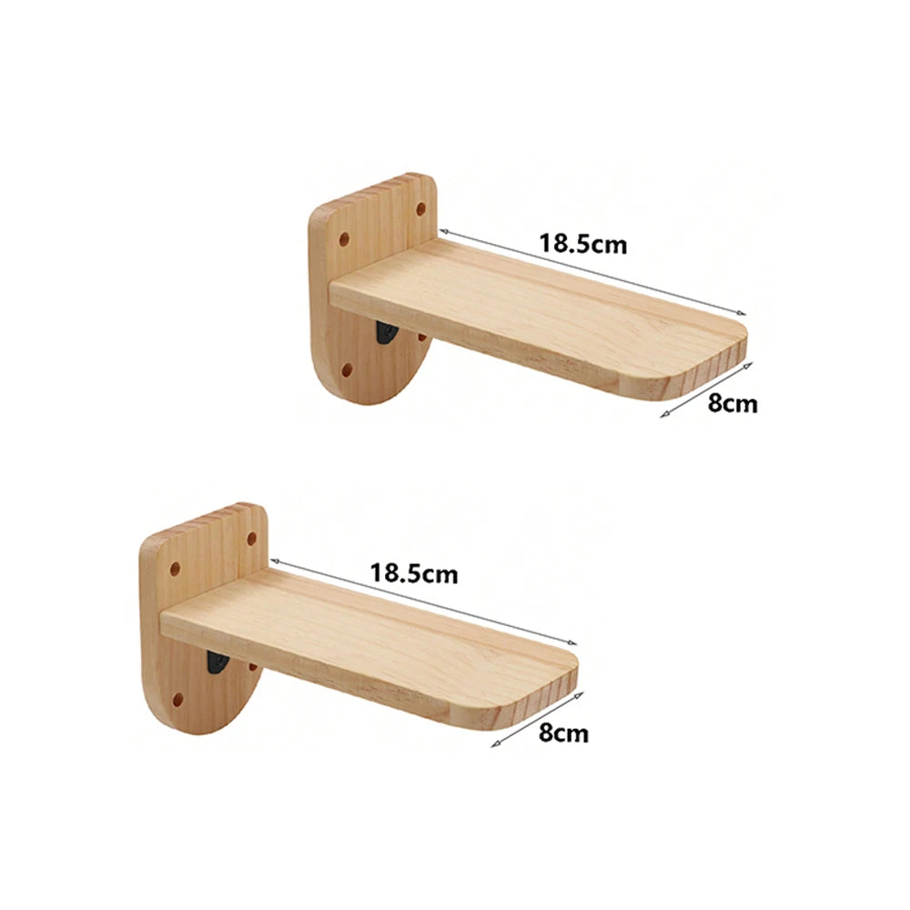 Two wooden cat wall perches on rounded back plates, each platform 18.5 cm long and 8 cm wide