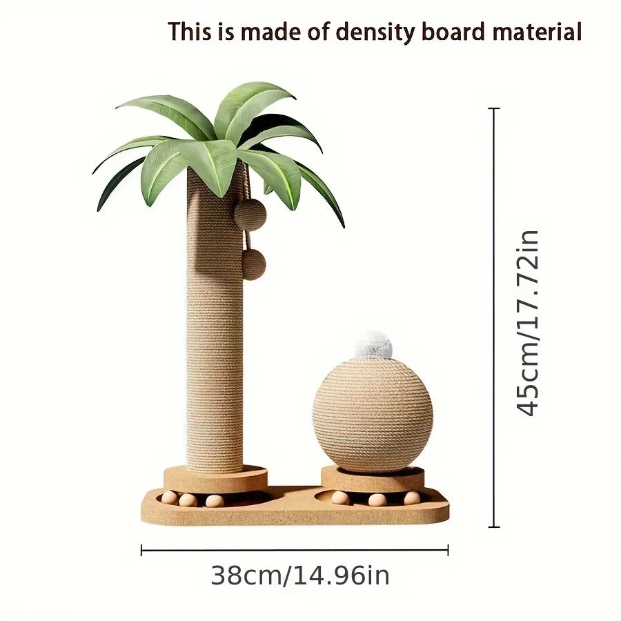 Palm tree cat scratch post and rope ball on a density board base, 45 cm (17.72 in) high and 38 cm (14.96 in) wide