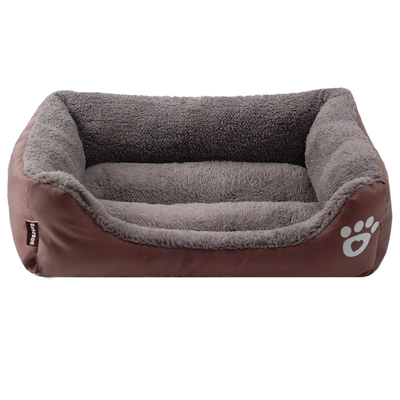 Rectangular dog bed in coffee brown Oxford cloth with a grey plush lining and a white paw print