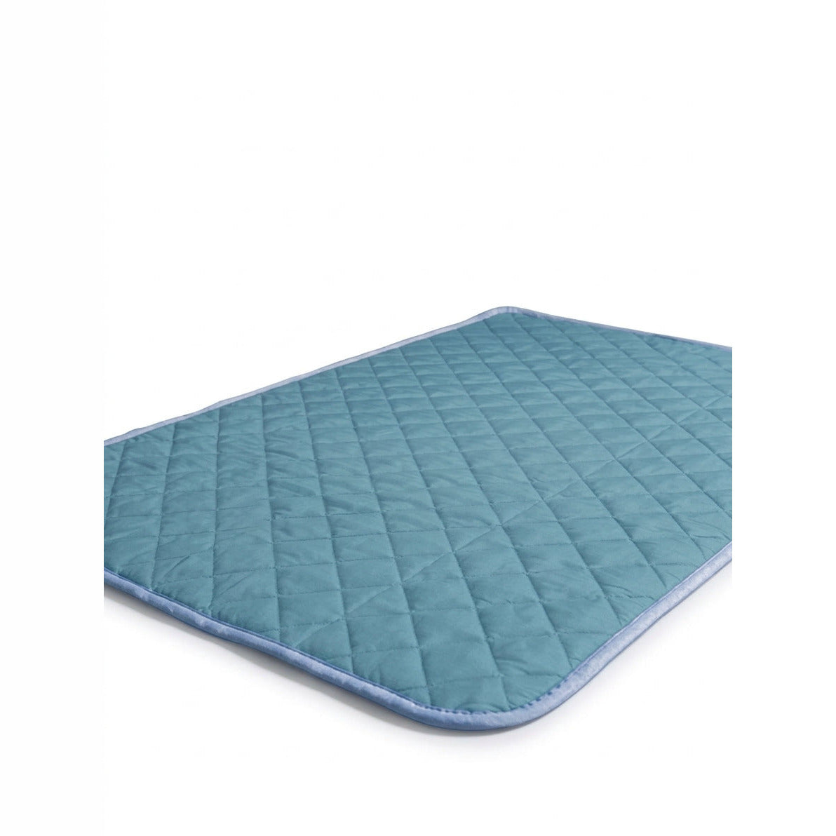 Pet mat in teal quilted fabric with diamond stitching, pale blue binding and rounded corners