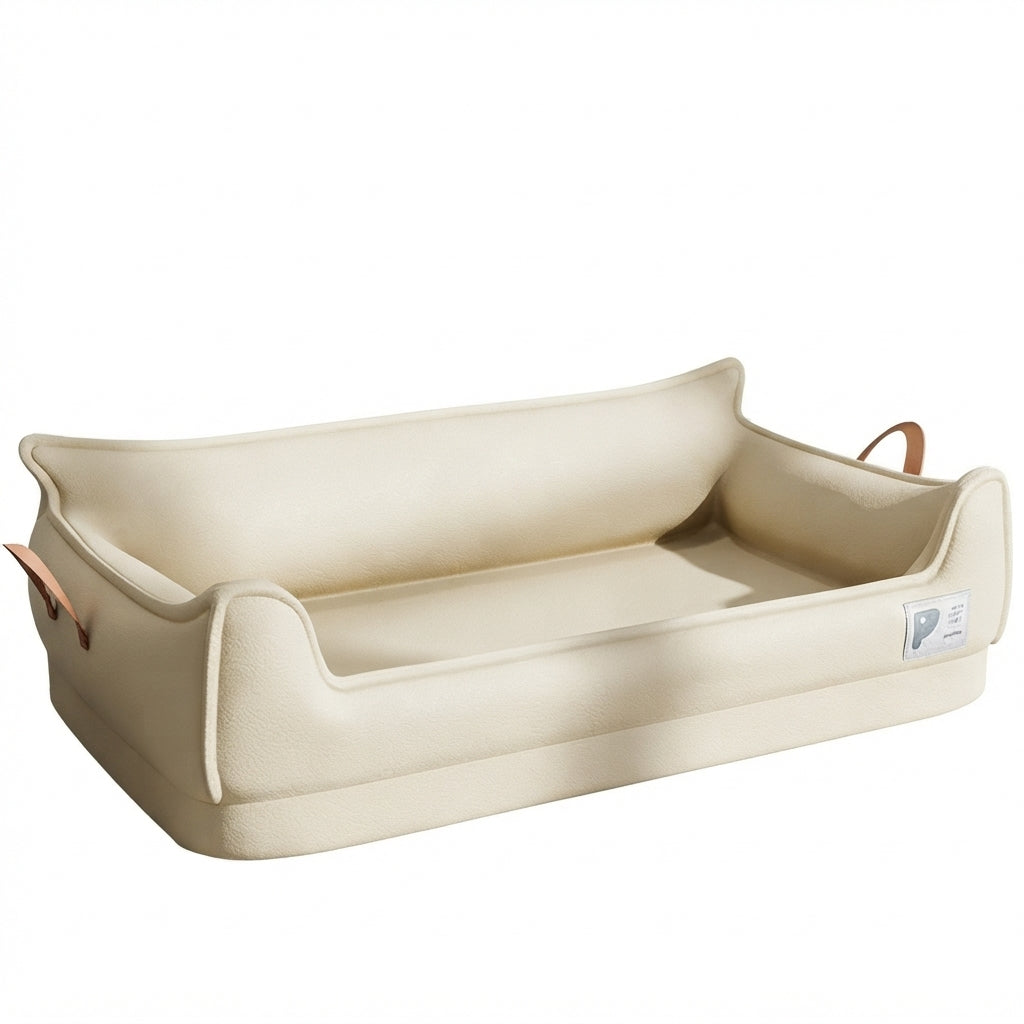 Pet sofa bed for dogs in beige textured fabric, semi-enclosed with a curved back and two tan leather handles