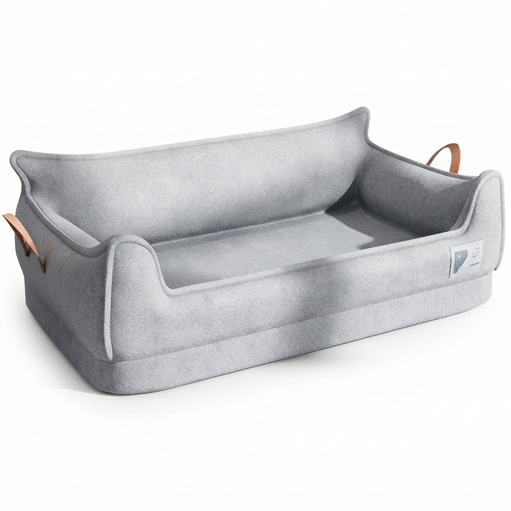 Pet sofa bed for dogs in silver grey textured fabric, with a curved back, low front and two tan handles