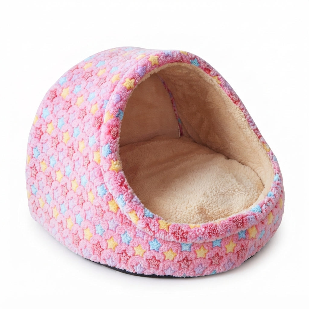 Pink covered cat bed in the Pink Flowers print: textured pink plush with small pastel stars, no bow