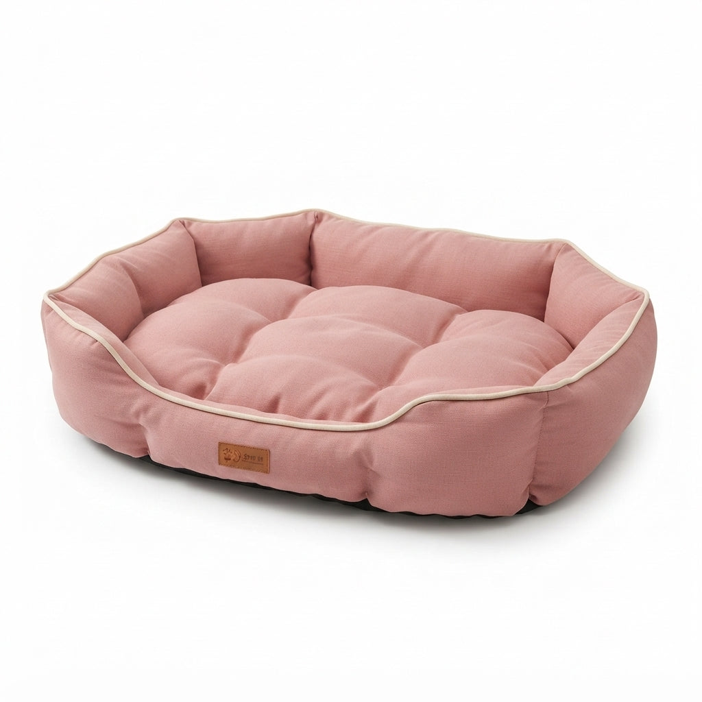 Pink dog bed, a small oval in dusty pink suede-look fabric with cream piping and a tufted cushion