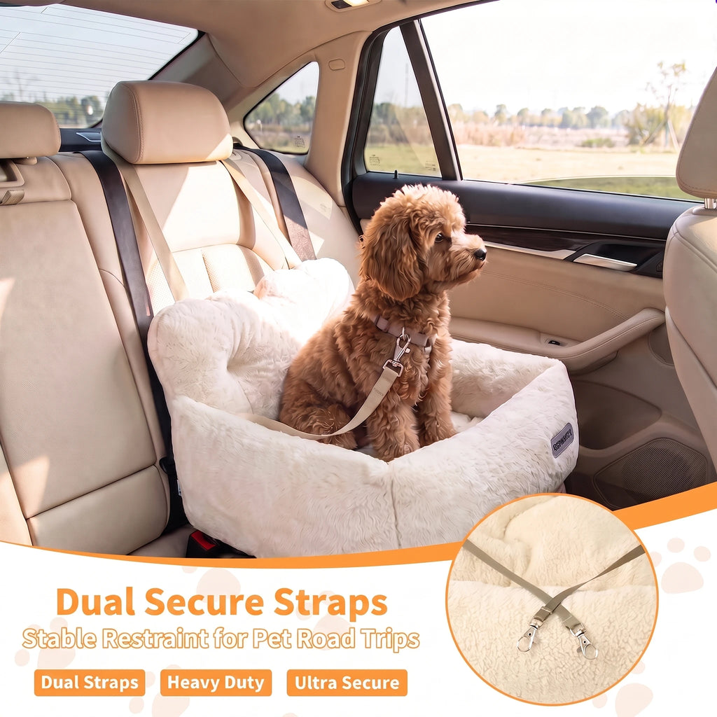 Cream plush dog car seat on a back seat, a curly brown dog sitting inside, with a close-up of the two straps