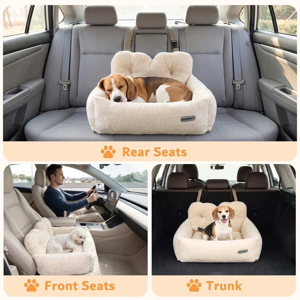 Cream plush dog car seat shown on a rear seat, a front seat and in a car boot, with beagles and a small white dog