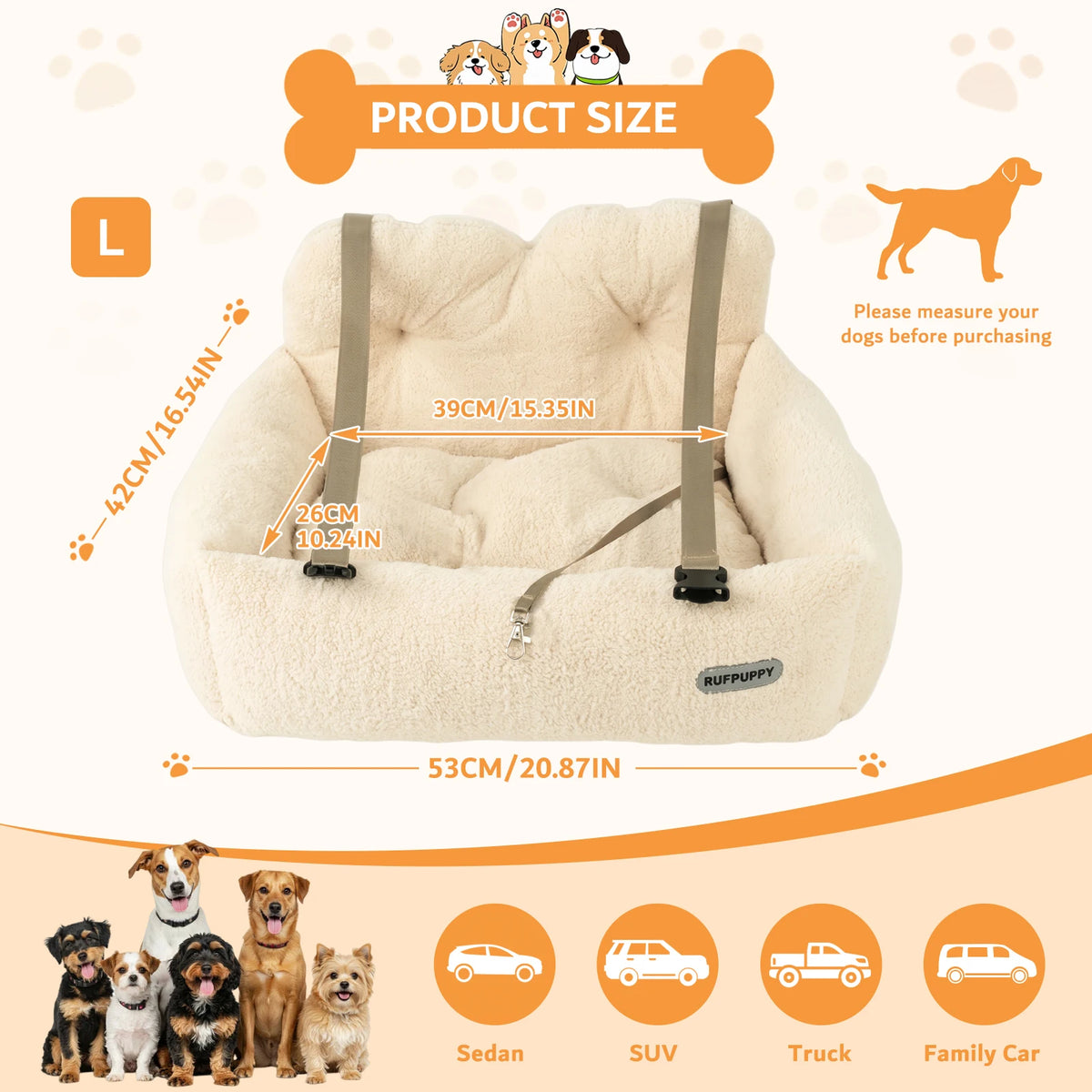 Size L chart: 53 x 42 cm, 26 cm high, 39 cm inside width, suitable for saloons, SUVs, pick-ups and family cars