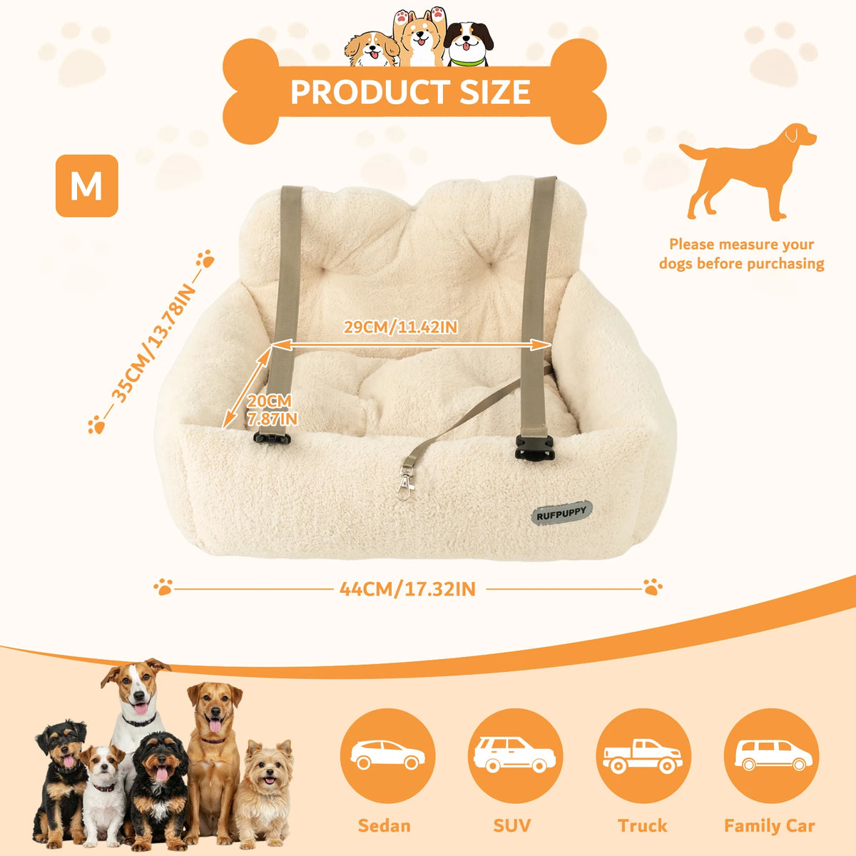 Size M chart: 44 x 35 cm, 20 cm high, 29 cm inside width, suitable for saloons, SUVs, pick-ups and family cars