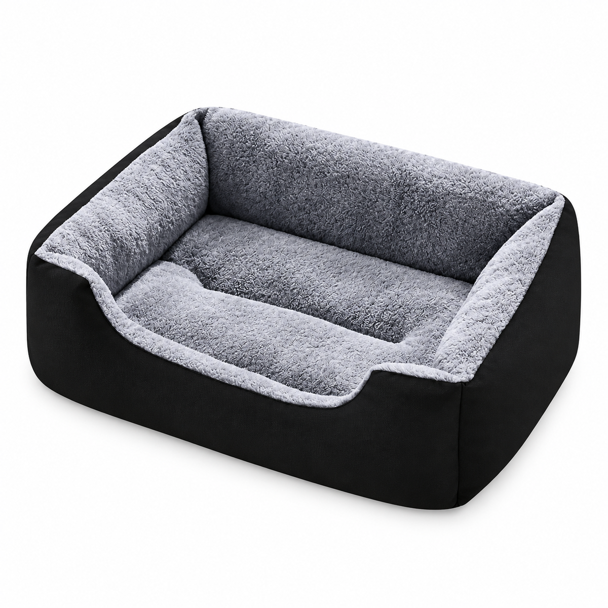 Rectangular puppy dog bed with black sides and a deep grey plush lining, seen at an angle