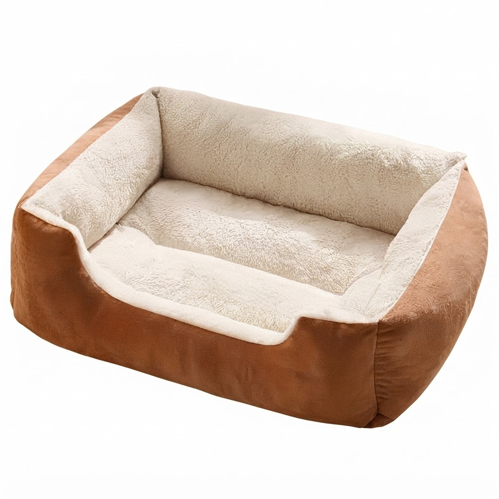 Puppy dog bed in brown suede-effect fabric, rectangular with a deep cream plush lining and a low front