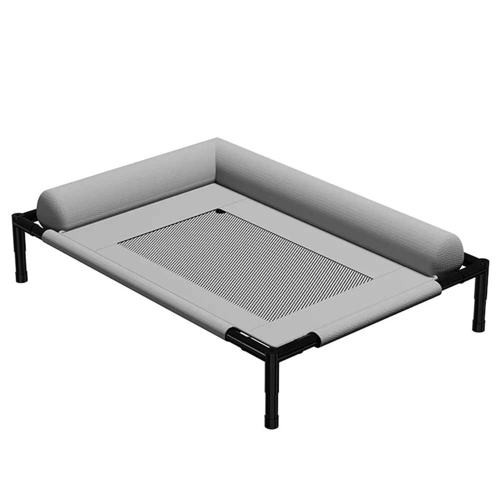 Raised dog bed with bolsters on two sides, a grey fabric bed with a mesh centre panel on a black metal frame