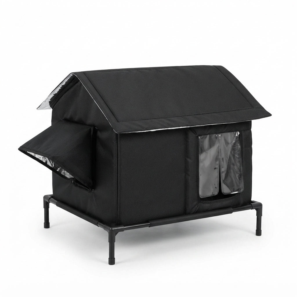 Raised outdoor cat bed and shelter in black fabric with a pitched roof, a side flap door, a clear front door and steel legs
