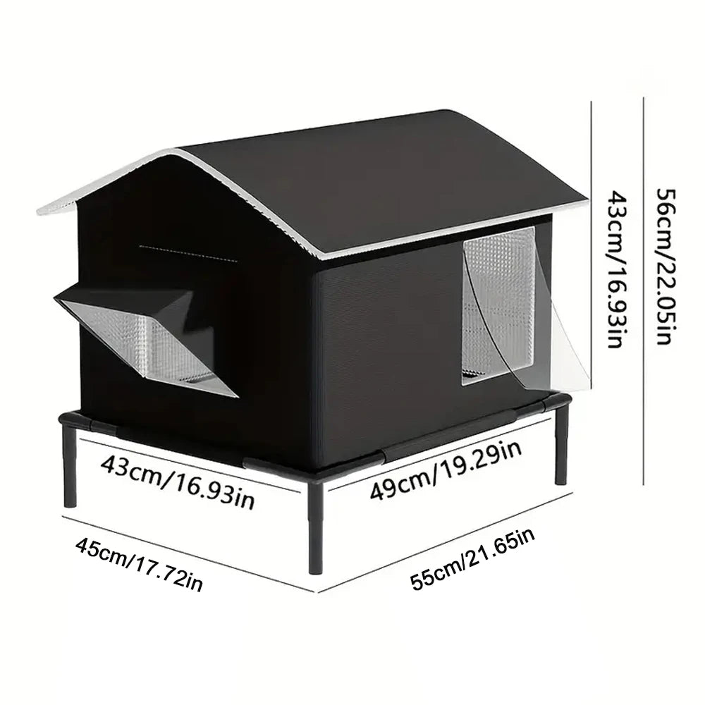 Dimensions of the raised outdoor cat bed: 55 x 45 cm base, 49 x 43 cm house, 43 cm to the eaves and 56 cm high in total