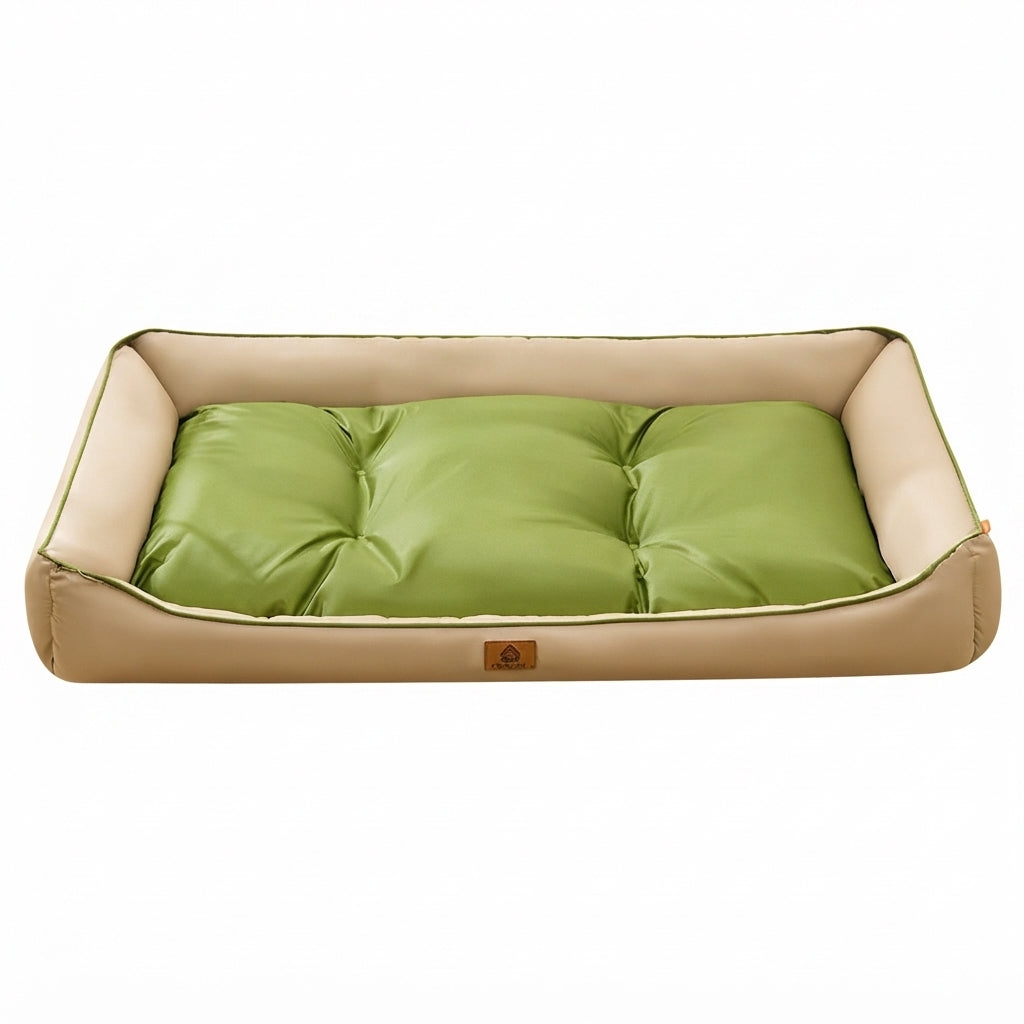 Rectangular dog bed, two-tone cream and green: a cream frame with a tufted green cushion