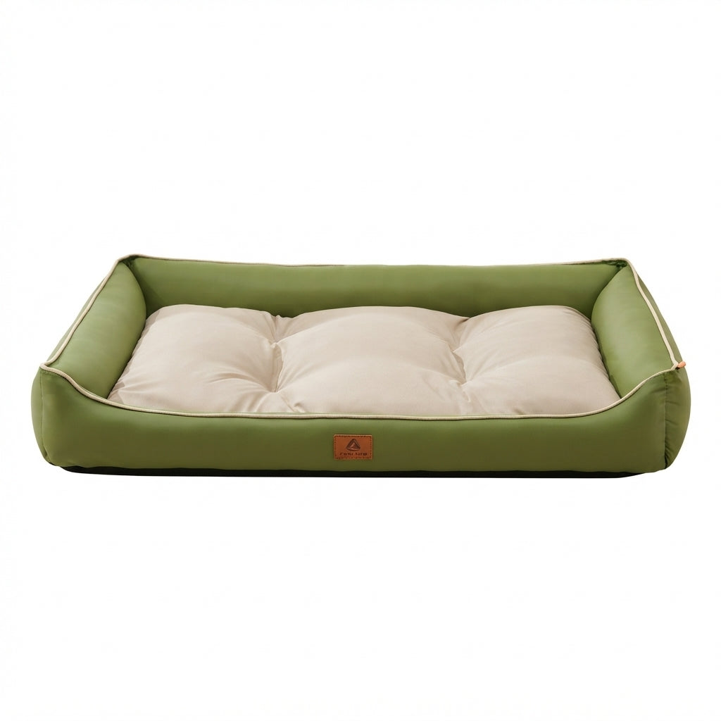 Rectangular dog bed, two-tone green and cream: a green frame with a tufted cream cushion