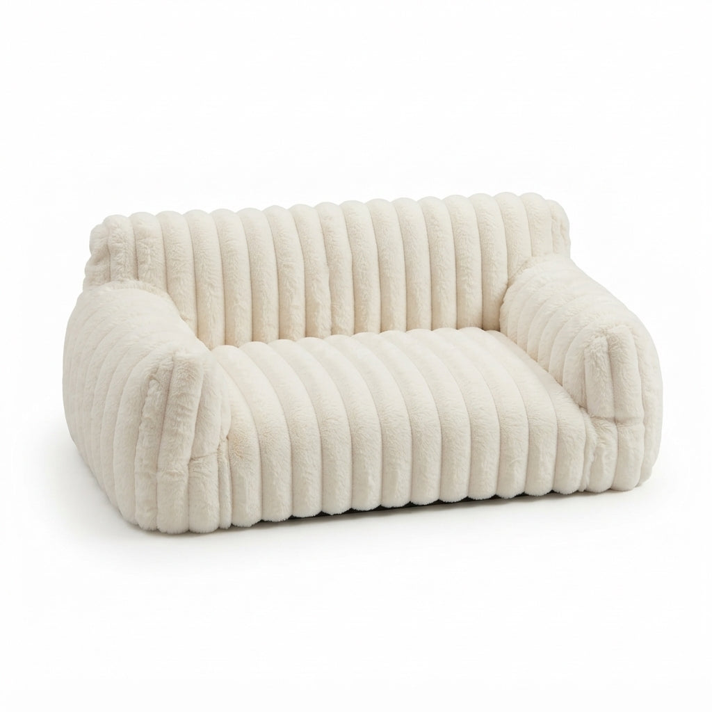 Ribbed cat couch bed in white plush with channelled padding, a low backrest and rounded armrests