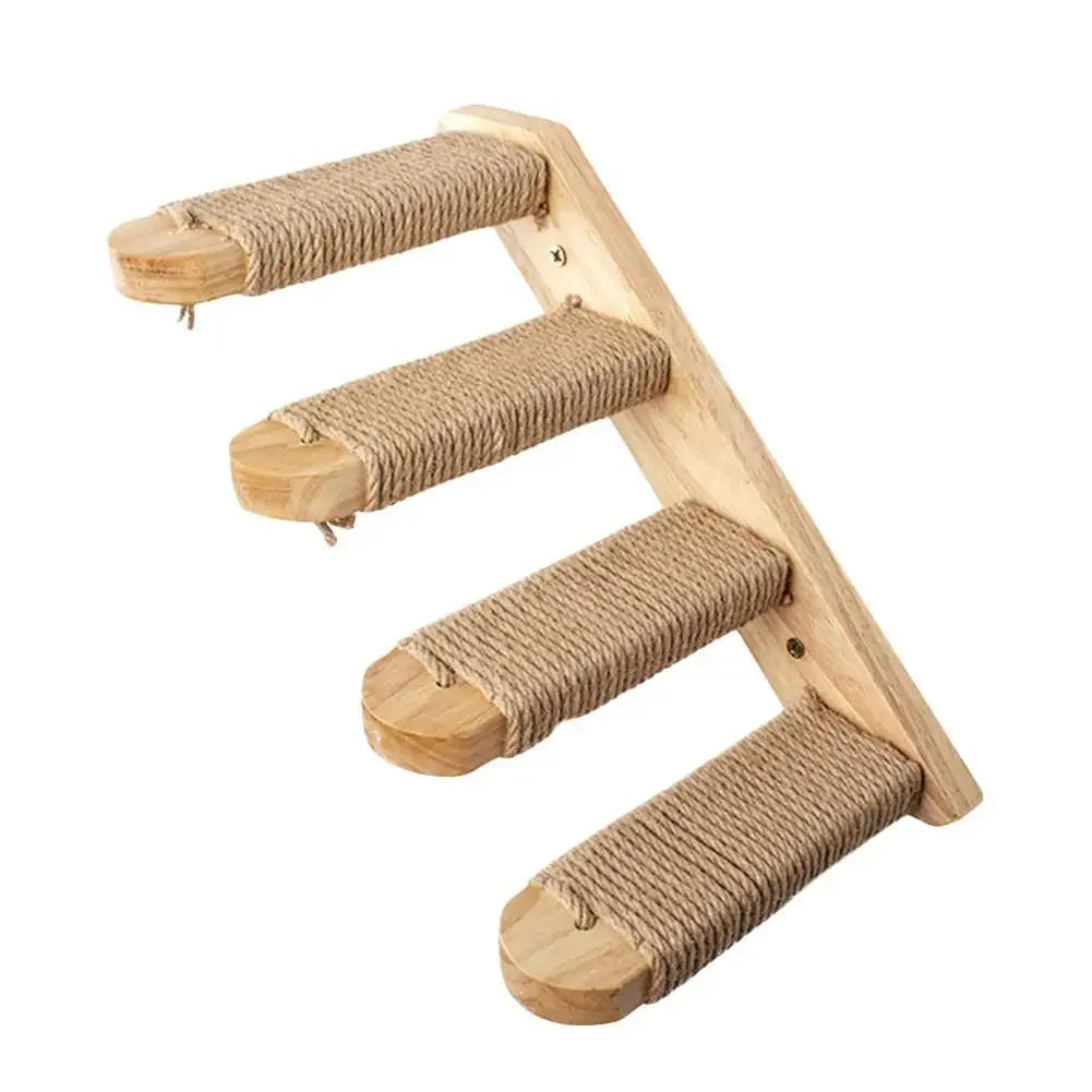 Four-step wooden cat wall ladder with rope-wrapped steps, rail on the right and steps pointing left