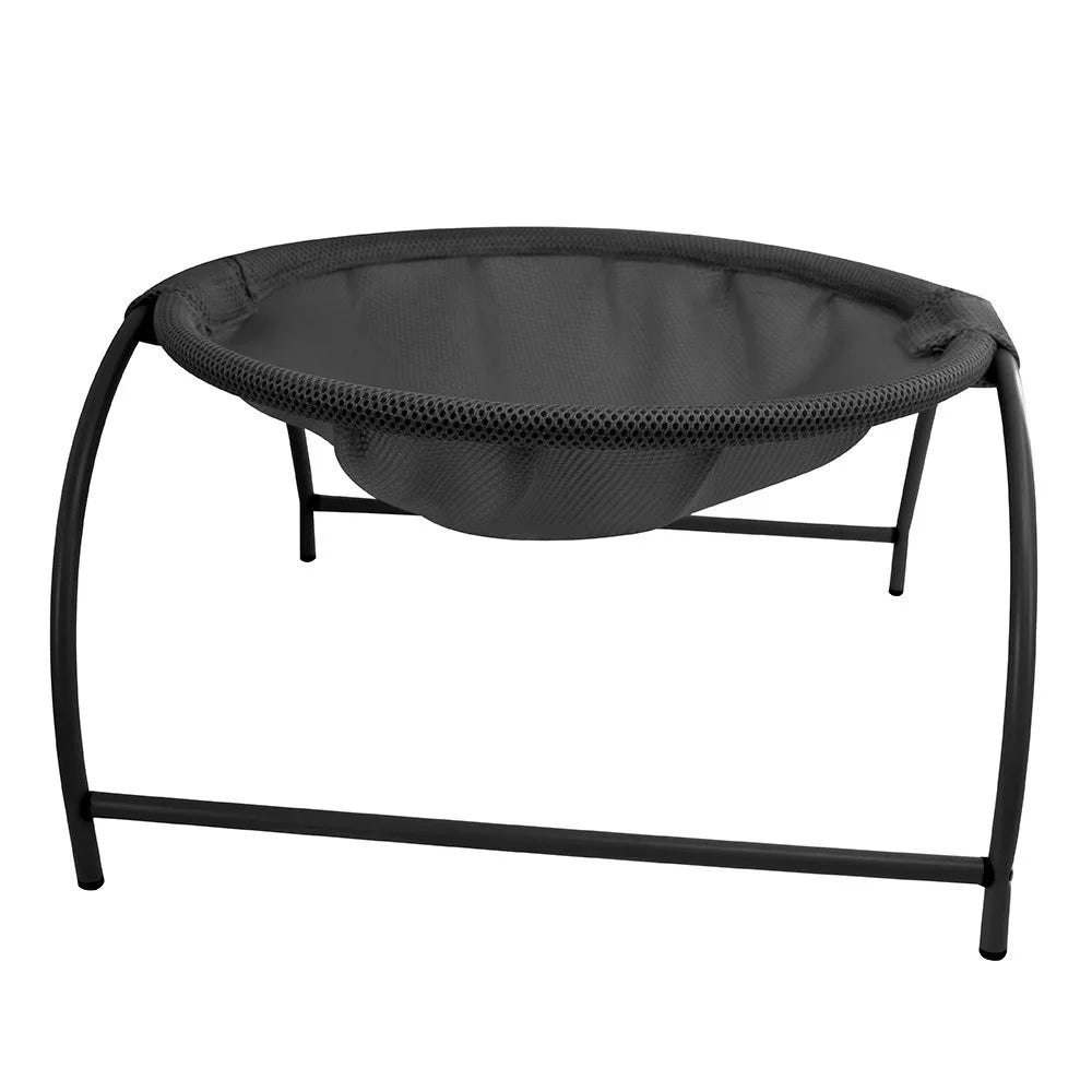 Round cat hammock bed in black breathable mesh, slung on a freestanding black steel arch frame