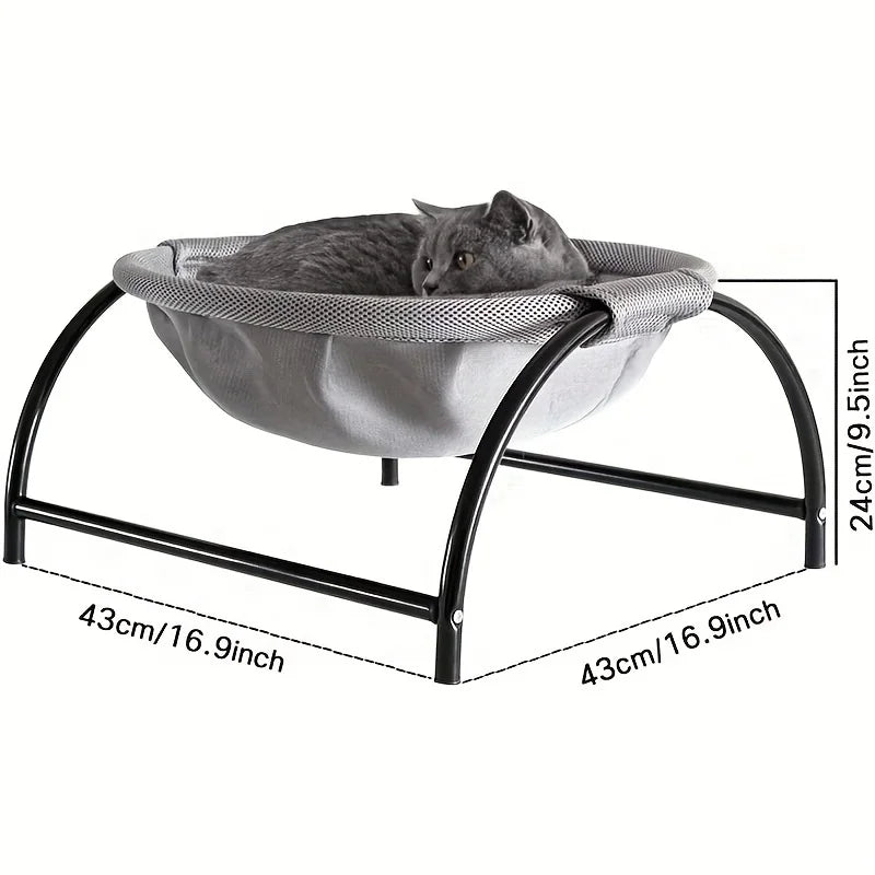 Grey cat curled up in a light grey round cat hammock bed, with dimensions: 43 x 43 cm and 24 cm high