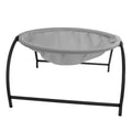 Round cat hammock bed in light grey breathable mesh on a freestanding black steel arch frame
