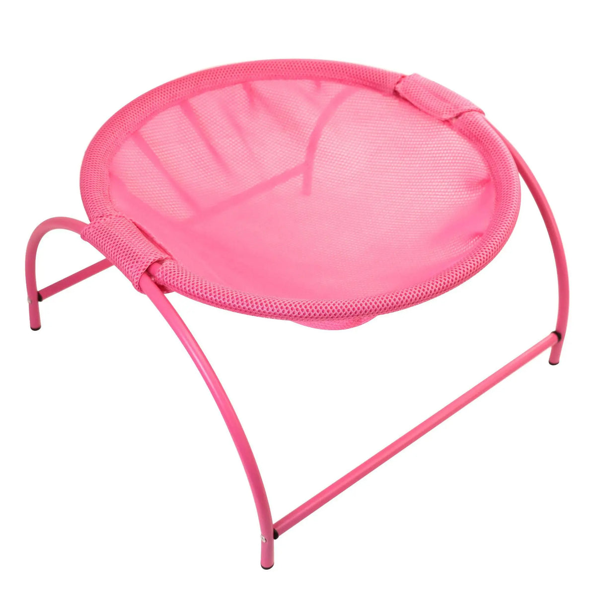 Round cat hammock bed in pink mesh on a matching pink steel arch frame, seen from above at an angle