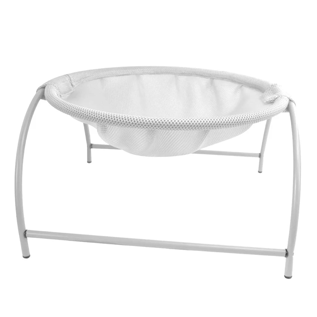 Round cat hammock bed in white mesh on a white steel arch frame