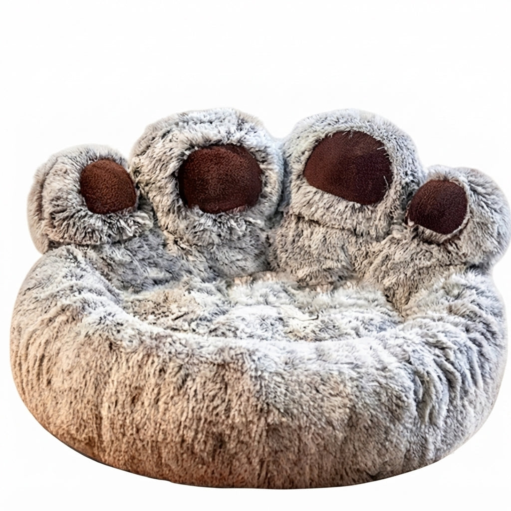 Paw-shaped round dog bed in frosted coffee plush, grey-brown with pale tips and dark brown toe pads
