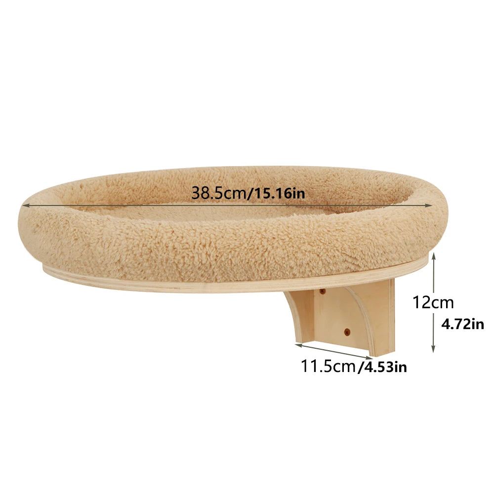 Round wall-mounted nest lined with beige plush on a wooden bracket, 38.5 cm (15.16 in) across, bracket 12 cm high