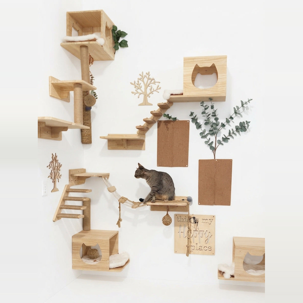 Scratching post cat tree on a white wall: cat houses, steps, a rope bridge and jute posts, a tabby cat sitting on a perch