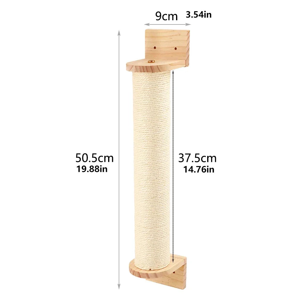 Wall-mounted sisal scratching post on wooden brackets, 50.5 cm (19.88 in) tall with 37.5 cm (14.76 in) of sisal, 9 cm plate