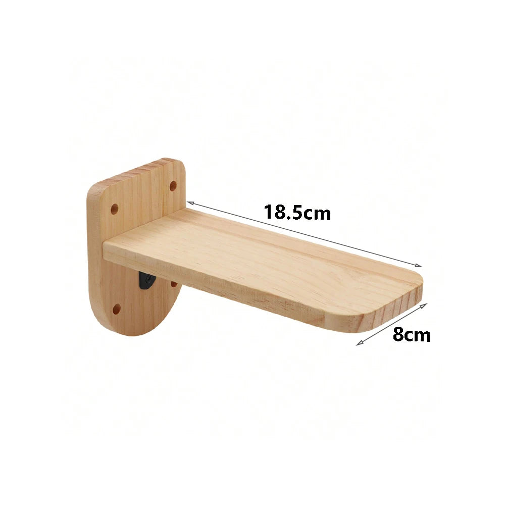 Wooden cat wall perch on a rounded back plate, platform 18.5 cm long and 8 cm wide