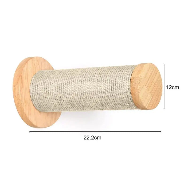 Wall-mounted sisal roller on a round wooden base, 22.2 cm long and 12 cm high
