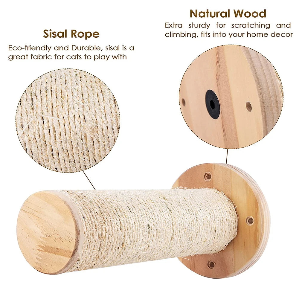 Wall-mounted sisal roller with close-ups of the sisal rope and the solid wood base, labelled Sisal Rope and Natural Wood