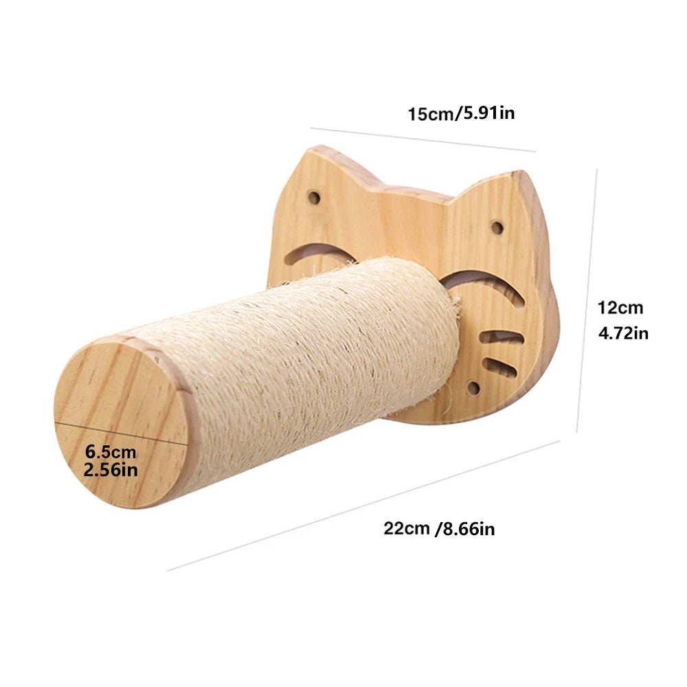 Sisal scratching post on a cat-face wooden wall plate, 22 cm long and 6.5 cm across, plate 15 by 12 cm