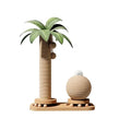 Small cat scratch post shaped like a palm tree, rope trunk and green leaves, with a rope ball and rolling beads on the base