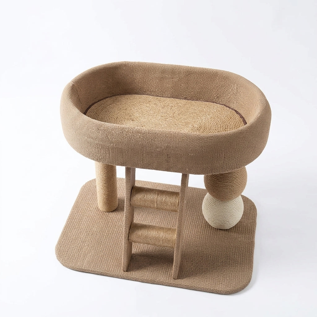 Small cat tree in light tan woven fabric with an oval perch lined with coiled rope, a rope-rung ladder and a sisal post