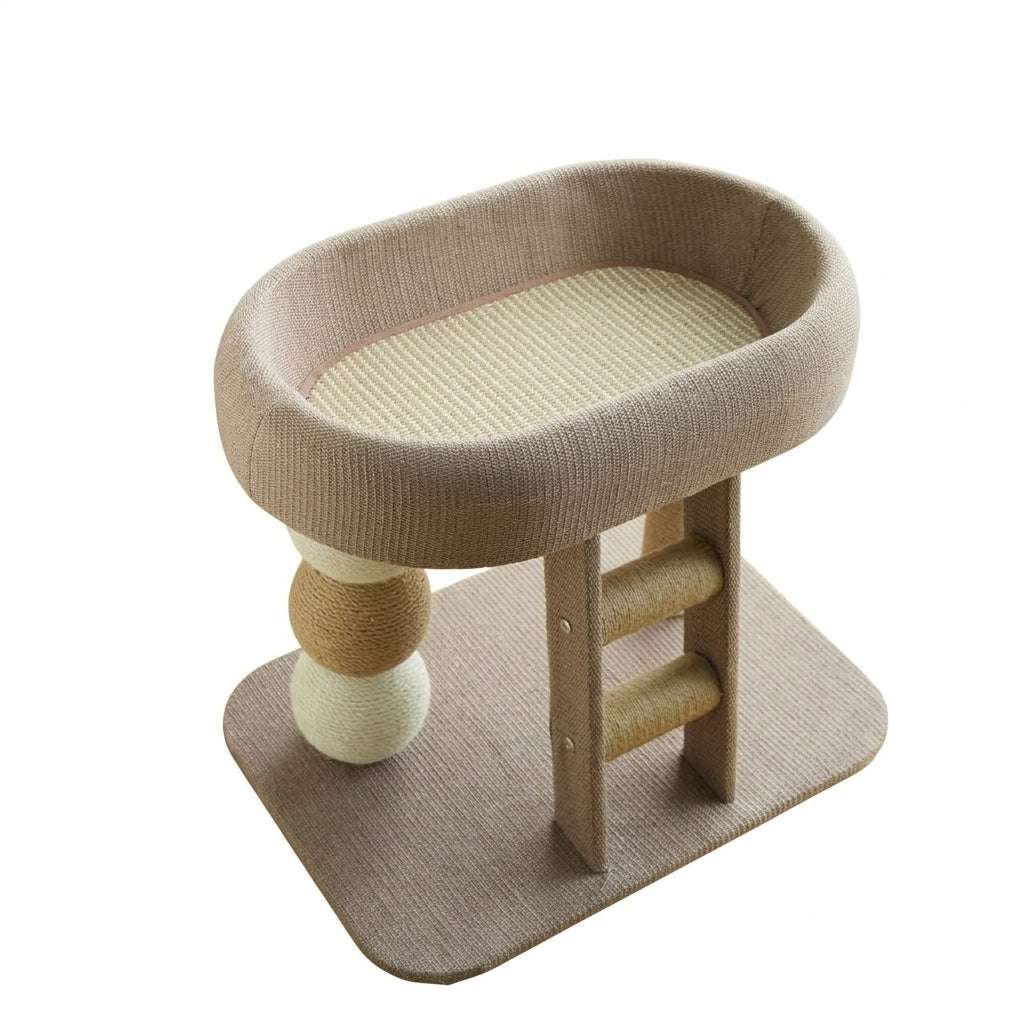 Small cat tree with an oval raised perch in taupe woven fabric, a sisal mat, a two-rung rope ladder and stacked sisal balls