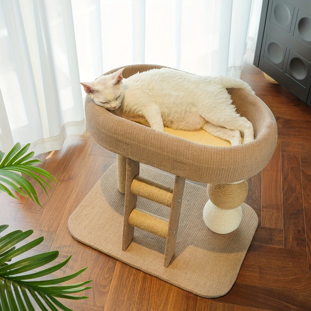 Small cat tree with an oval perch on a wooden floor, a white curly-coated cat asleep stretched out on top