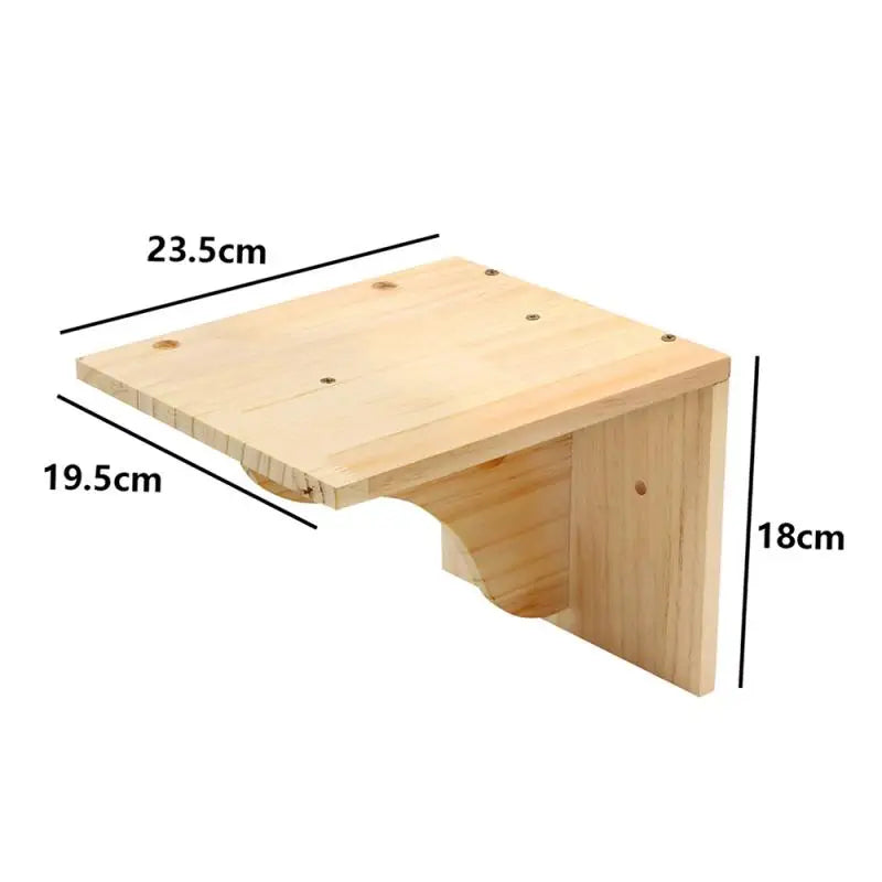 Wooden cat wall shelf on a shaped bracket, 23.5 cm long, 19.5 cm deep and 18 cm high