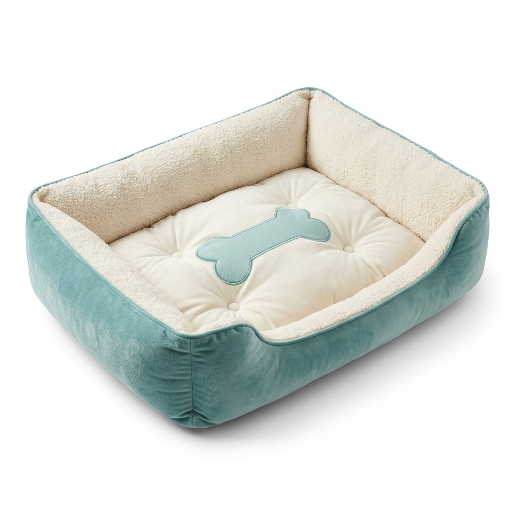 Rectangular dog bed in blue bone design: teal velvet sides, cream fleece lining and a matching bone patch
