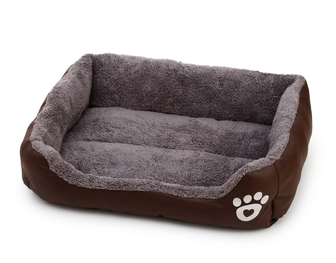 Rectangular dog bed in brown paw design: dark brown fabric sides with a white paw print and a grey plush lining