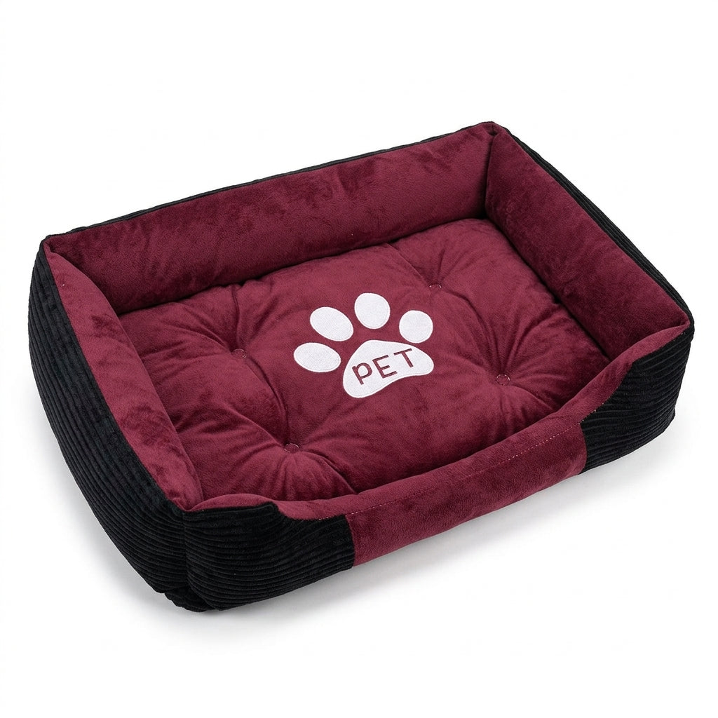 Rectangular dog bed in burgundy pet paw design: black corduroy sides, burgundy lining and a white paw with 'PET'