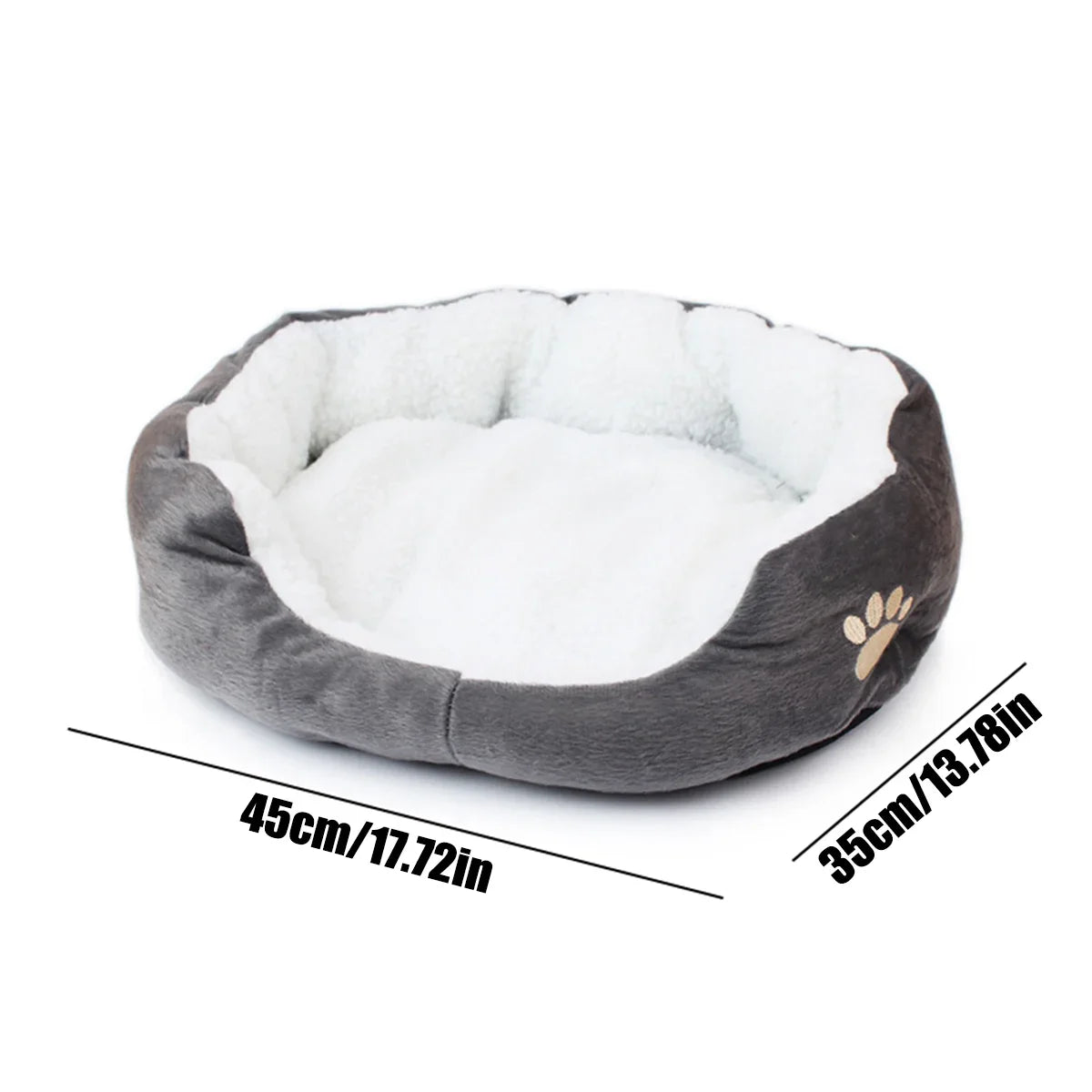 Grey oval pet bed with its dimensions marked: 45 cm (17.72 in) long and 35 cm (13.78 in) wide