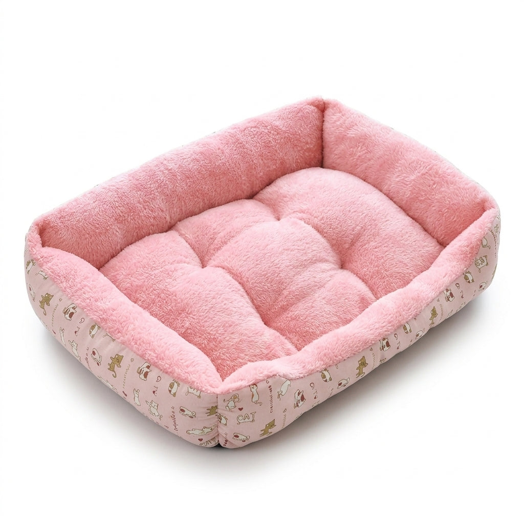 Rectangular dog bed in pink print, with small cartoon cats on the pink sides and a fluffy pink plush lining